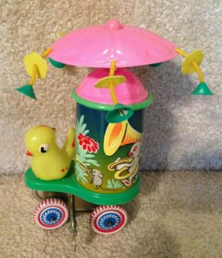 Vintage Tin Litho Plastic Wind - Up Spinning Toy Animal Band Umbrella Great