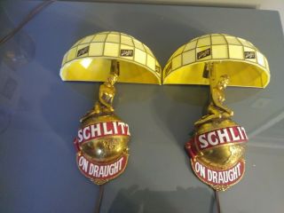 2 Vintage 1971 Schlitz Beer Woman On World Lighted Lamp Light Sconce Sign