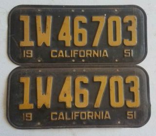 1951 California Black Vintage License Plate Rare Dmv Clear Pair
