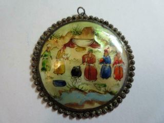 Vintage Chinese Silver Handpainted Mother Of Pearl Pendant