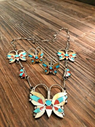 Vintage Native American Sterling Silver Zuni Multicolored Butterfly Necklace Set