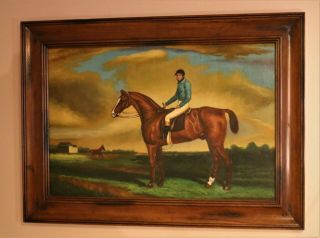 Antique Large Equestrian Oil Painting Of A Racehorse And Jockey