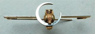 No Reserv C1890 Two Colour 15ct Gold Platinum Ruby Victorian Owl Brooch Vintage