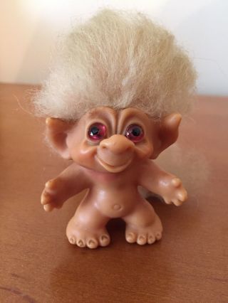 Vintage Troll Doll With Tail 1965 3 " White Hair Pink Eyes Dam Things Rare