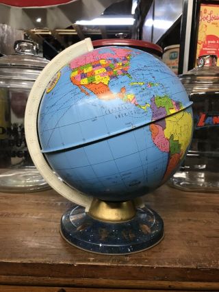 Vintage Ohio Art World Globe With Zodiac Base Tin Toy Non Bank