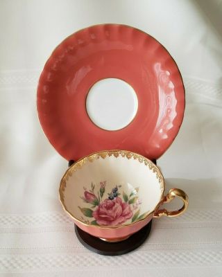 Vintage Aynsley England Coral Gold And Pink Rose Bone China Cup & Saucer