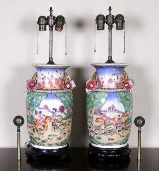 Pair Vintage Chinese Hand Painted Porcelain Lamps European Subjects: Hunt
