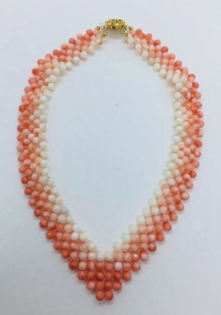 Vintage Red White Angel Skin Coral Beaded V Shaped Necklace