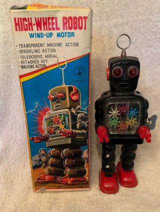 High - Wheel Robot K.  O.  Vintage Tin Wind Up.  A Frankonia Toy.  W/box