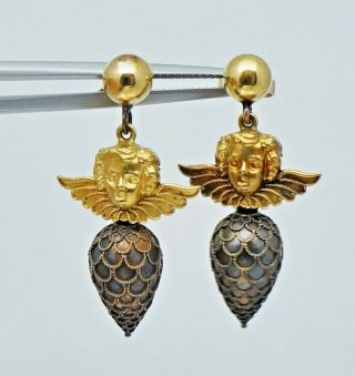 14k Victorian Winged Cherub Putti Etruscan Earrings Antique Vintage Drop Gold