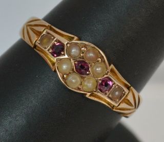 Large Victorian 15ct Rose Gold Ruby & Pearl Stack Band Ring T0271