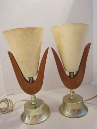 Mcm Table Lamps.  Wood Base W Fiberglass Shades.  Tulip Shape.  12 " Tall