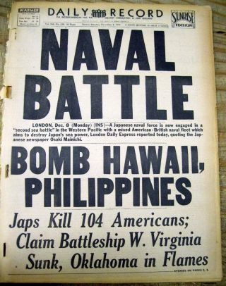 Dec 8 1941 Ww Ii Hdlne Newspaper Japan Attacks Us Naval Base Pearl Harbor Hawaii