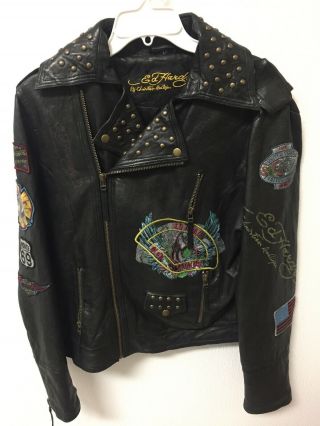 Vintage Ed Hardy Black Leather Motorcycle Jacket Mens Large Distressed W Patches