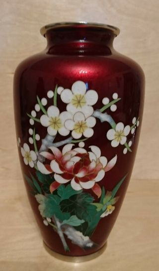Antique Japanese Silver & Red Pigeon Ox Blood Foil Ginbari Floral Vase Cloisonne