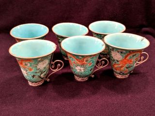 Set Of 6 Antique Chinese Porcelain Double Dragon Tea Cups With Sterling Handles