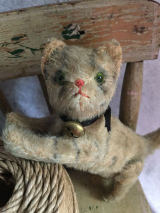 Rare Antique Vtg Steiff Mohair Tabby Cat Glass Eyes 5 Way Jointed Cat Very Small 2