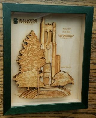 Michigan State University Beaumont Tower Wood Carved Wall Hanging Frame Art 3d