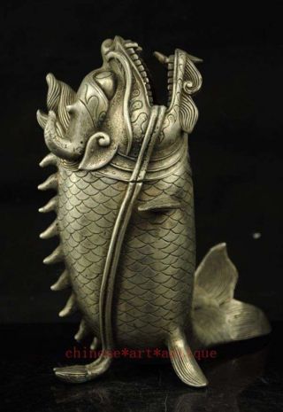 China Old Copper Plating Silver Dragon Head Fish Statues Incense Burner F01
