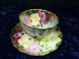 Antique Nippon Cup & Saucer Royal Kinran Colorful Roses Footed Hand Painted Gold