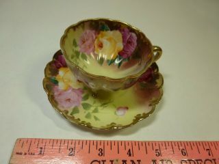 Antique NIPPON Cup & Saucer ROYAL KINRAN Colorful ROSES Footed HAND PAINTED GOLD 3