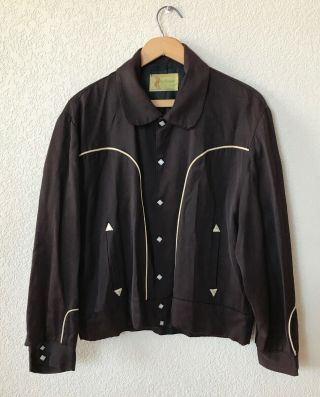 Vtg 50s Macmurray Gabardine Sz L Pearl Snap Western Shirt Jacket Brown