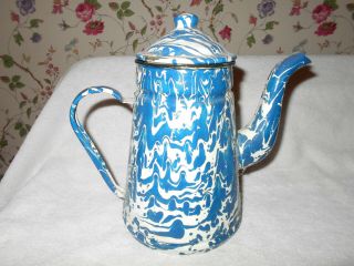 Antique Blue & White Swirl Graniteware Enamel Coffee Pot Lovely Size & Color