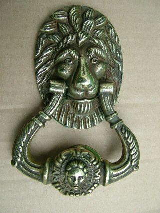 Impressive Antique Cast Brass Lion Head Door Knocker With Human Face Striker