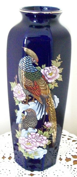 Cobalt Blue Japanese Kutani Ceramic Vase Tall With Pheasant Decoration Vgc