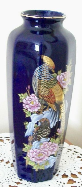 Cobalt Blue Japanese Kutani Ceramic Vase Tall with Pheasant Decoration VGC 2