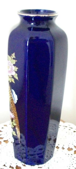 Cobalt Blue Japanese Kutani Ceramic Vase Tall with Pheasant Decoration VGC 3