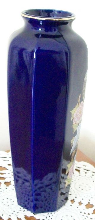 Cobalt Blue Japanese Kutani Ceramic Vase Tall with Pheasant Decoration VGC 4