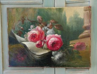Only Old Antique French Oil Painting " Bouquet De Roses Pierre De Ronsard 1880th