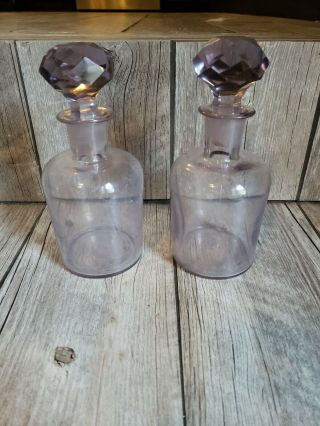33 Antique Pair Amethyst Purple Glass Decanter Jar Bar Barbers