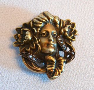 Vintage 1900s Art Nouveau 14k Gold And Pearl Woman With Flowers Pendant