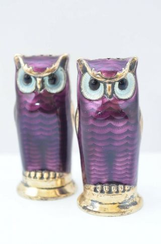 Vintage David Andersen Norway Sterling Silver Enamel Owl Salt And Peper Shakers