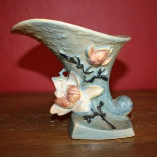 Blue Vintage Roseville Magnolia Cornucopia Pottery Vase 184 - 6