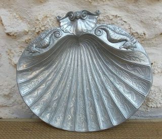 Shell Shaped Plated Metal Serving Dish Scallop Sea Horses Antique Japanese