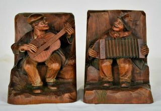 Vintage,  Anri Carved Wood Bookends.  Musician Figures.