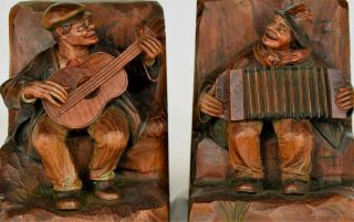 Vintage,  Anri carved wood bookends.  Musician figures. 2