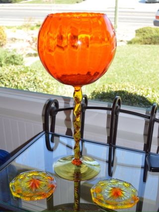 Blenko Glass Vintage Amberina Optic Bulbous Tall Snifter Vase Orange Yellow