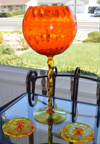Blenko Glass Vintage Amberina Optic Bulbous Tall Snifter Vase Orange Yellow 2