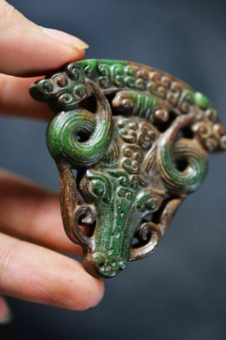 Rare Chinese Old Jade Hand Carved Dragon/ Cattle Head Pendant J10