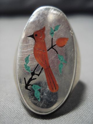 Quality Vintage Zuni Coral Cardinal Sterling Silver Side Shell Inlay Old Ring