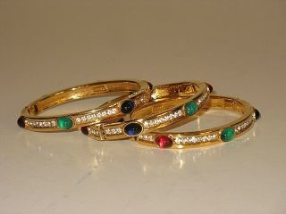 Vintage Set Of 3 Ciner Cabochon Emerald Ruby Sapphire Jewels India Bracelets Ex