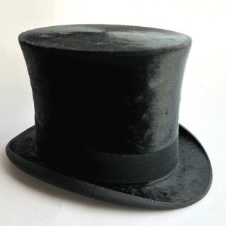 Vintage Silk Black Top Hat,  Leather Hat Box,  21 1/2 ",  Size Small,  6 7/8.
