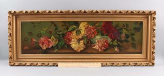 1916 Antique Panoramic Roses Flower Still Life Oil Painting W/ Frame Nr