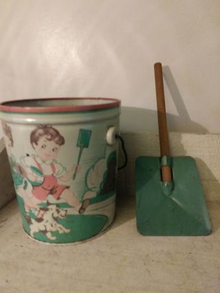 Vintage Tin Litho Sand Pail Childs - Girl Boy Dog Soft Pastel Colors - Green Shovel