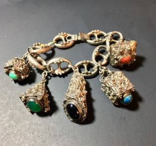Antique 800 Silver Turquoise Jade Onyx Coral 5 Charm Italy Bracelet