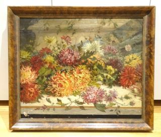 Large 19th Century Still Life Flowers Chrysanthemum Antique Oil Painting